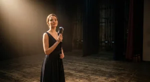 A young woman in a dark dress stands on a wooden stage, holding a vintage microphone stand under a spotlight. The