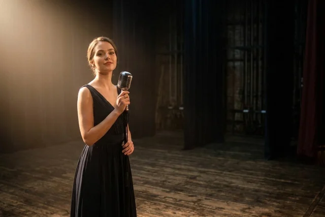A young woman in a dark dress stands on a wooden stage, holding a vintage microphone stand under a spotlight. The