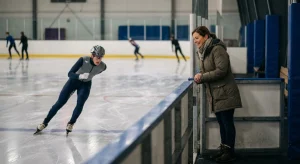Woman in a winter coat stands smiling behind a barrier at an indoor ice rink, watching a speed skater in a grey and